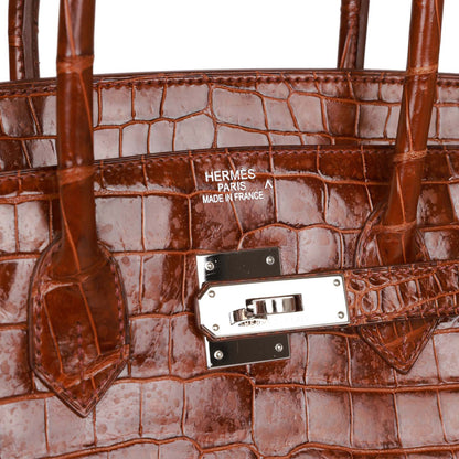 Top Quality Hermes Birkin 35 Miel Shiny Porosus Crocodile Palladium Hardware