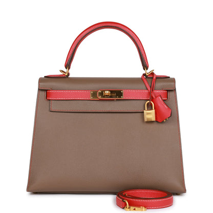 Top Quality Hermes Special Order (HSS) Kelly Sellier 28 Etoupe and Rouge Tomate Epsom Brushed Gold Hardware