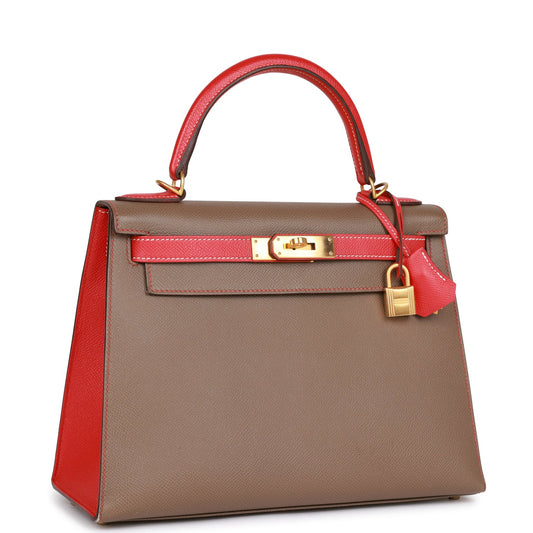 Top Quality Hermes Special Order (HSS) Kelly Sellier 28 Etoupe and Rouge Tomate Epsom Brushed Gold Hardware