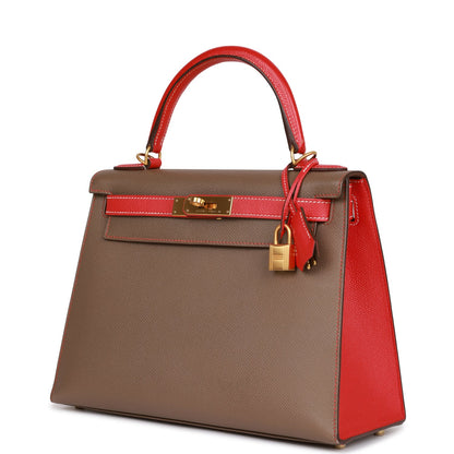 Top Quality Hermes Special Order (HSS) Kelly Sellier 28 Etoupe and Rouge Tomate Epsom Brushed Gold Hardware