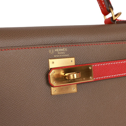 Top Quality Hermes Special Order (HSS) Kelly Sellier 28 Etoupe and Rouge Tomate Epsom Brushed Gold Hardware