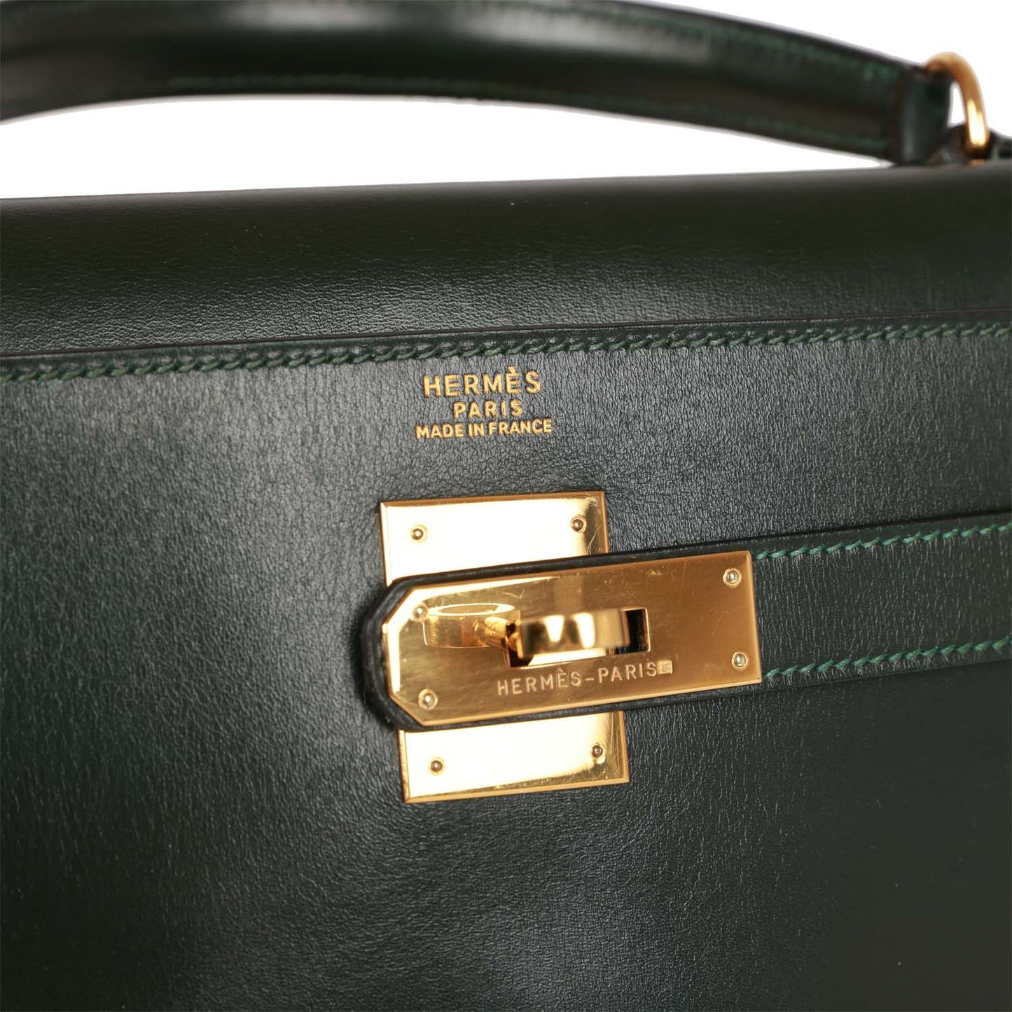 Vintage Hermes Kelly Retourne 32 Vert Fonce Box Gold Hardware