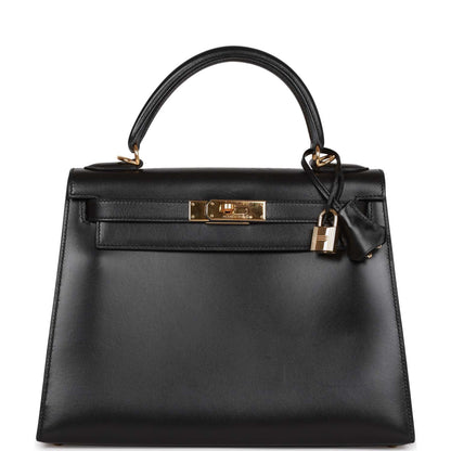 Vintage Hermes Kelly Sellier 28 Black Box Gold Hardware