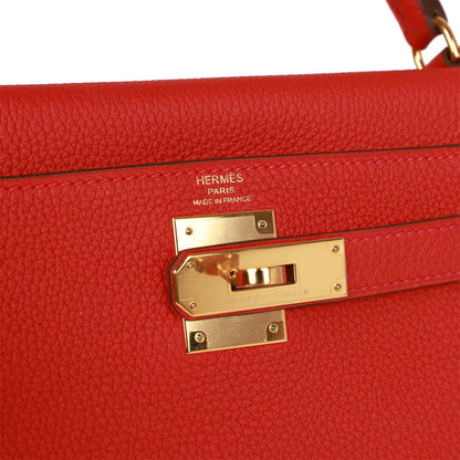 Top Quality Hermes Kelly Retourne 28 Rouge Casaque Togo Gold Hardware