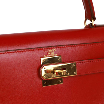 Vintage Hermes Kelly Sellier 28 Rouge Vif Box Gold Hardware