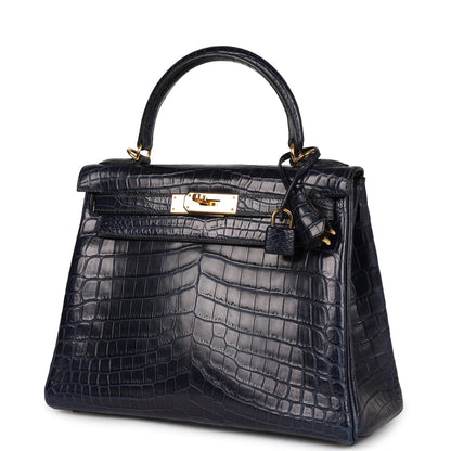 Top Quality Hermes Kelly Retourne 28 Bleu Indigo Matte Niloticus Crocodile Gold Hardware