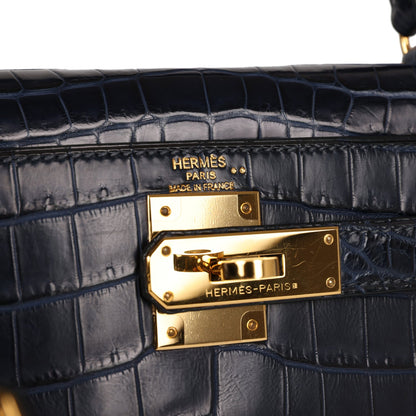 Top Quality Hermes Kelly Retourne 28 Bleu Indigo Matte Niloticus Crocodile Gold Hardware