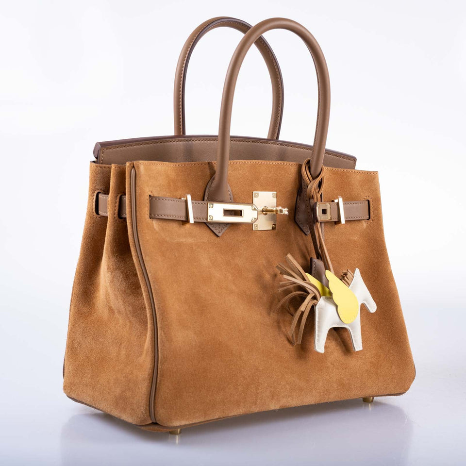 Hermes Birkin 30 Grizzly Chamois Veau Doblis Suede and Alezan Swift with Gold Hardware