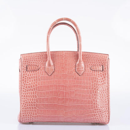 Hermes Birkin 30 Rose Indiennes Shiny Porosus Crocodile Palladium Hardware