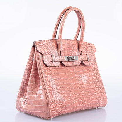 Hermes Birkin 30 Rose Indiennes Shiny Porosus Crocodile Palladium Hardware