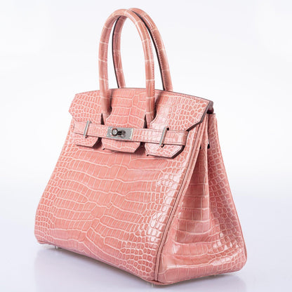 Hermes Birkin 30 Rose Indiennes Shiny Porosus Crocodile Palladium Hardware