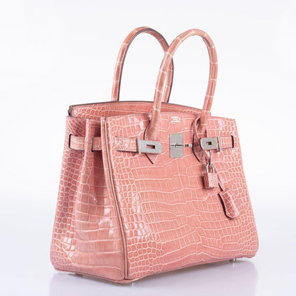 Hermes Birkin 30 Rose Indiennes Shiny Porosus Crocodile Palladium Hardware