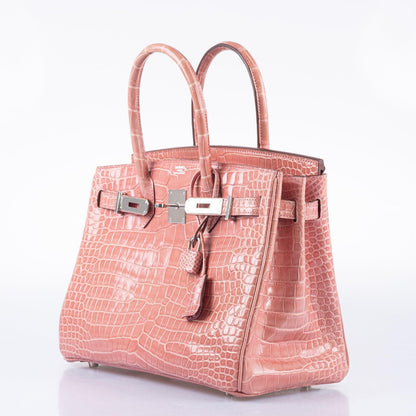 Hermes Birkin 30 Rose Indiennes Shiny Porosus Crocodile Palladium Hardware