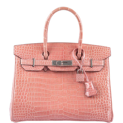 Hermes Birkin 30 Rose Indiennes Shiny Porosus Crocodile Palladium Hardware