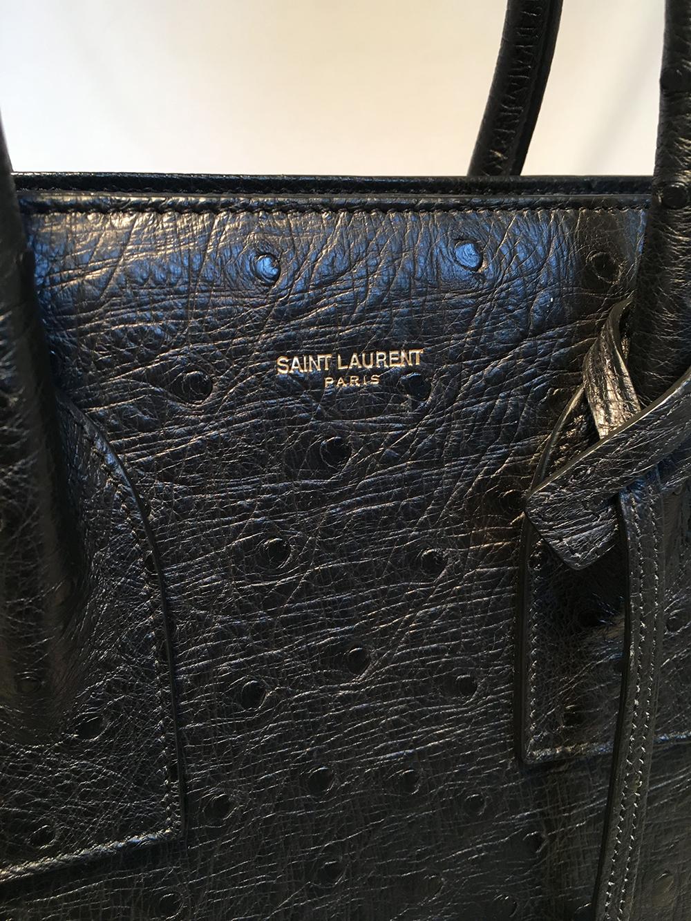 YVES SAINT LAURENT NWOT YSL Black Ostrich Small Sac Du Jour Handbag