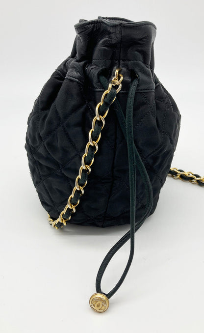 Vintage Chanel Black Satin & Leather Drawstring Bucket Bag