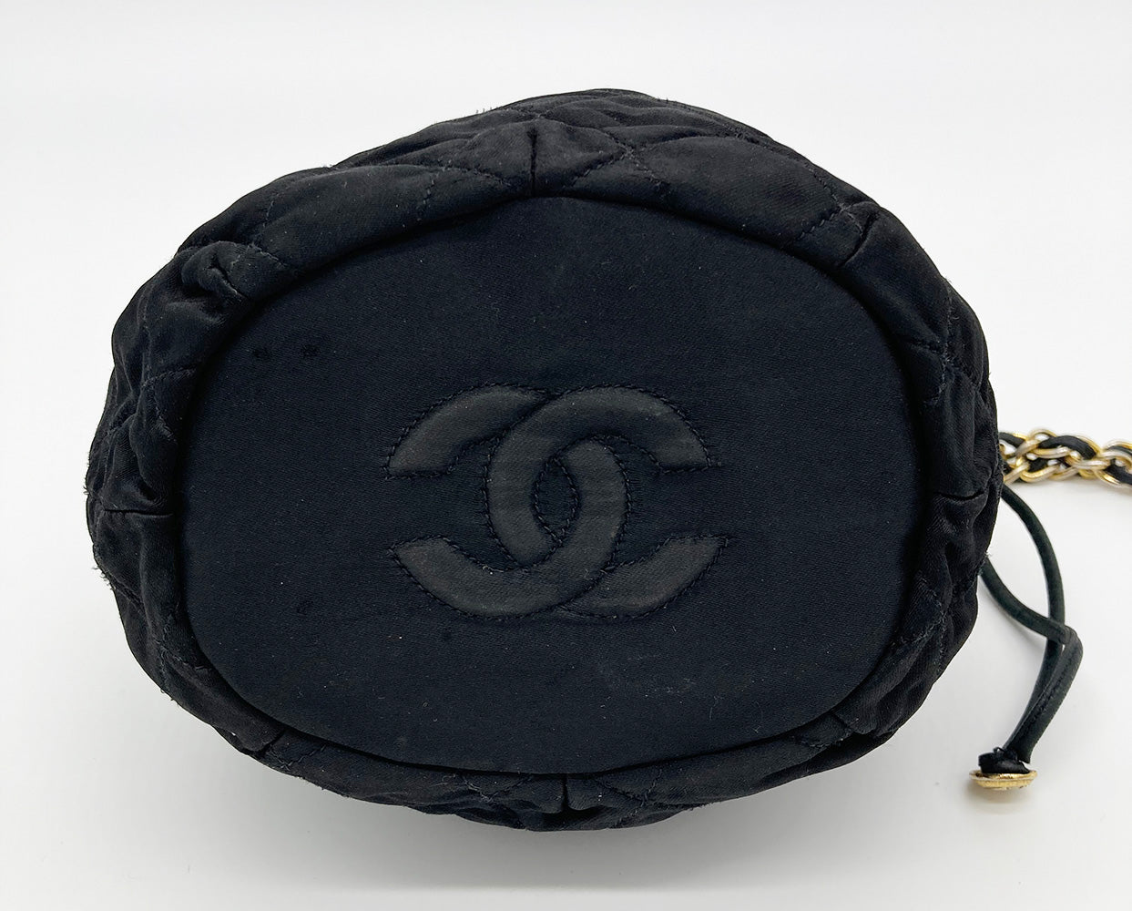 Vintage Chanel Black Satin & Leather Drawstring Bucket Bag