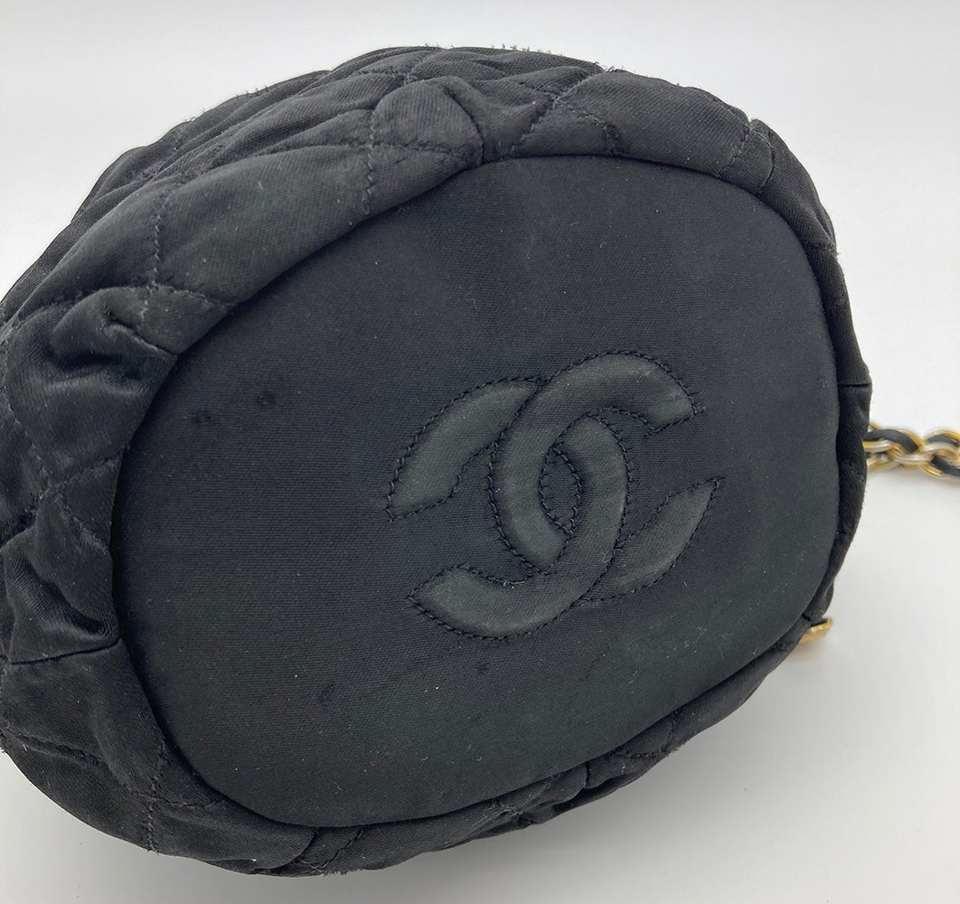 Vintage Chanel Black Satin & Leather Drawstring Bucket Bag