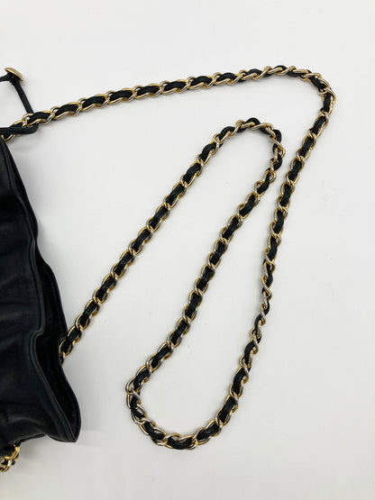 Vintage Chanel Black Satin & Leather Drawstring Bucket Bag