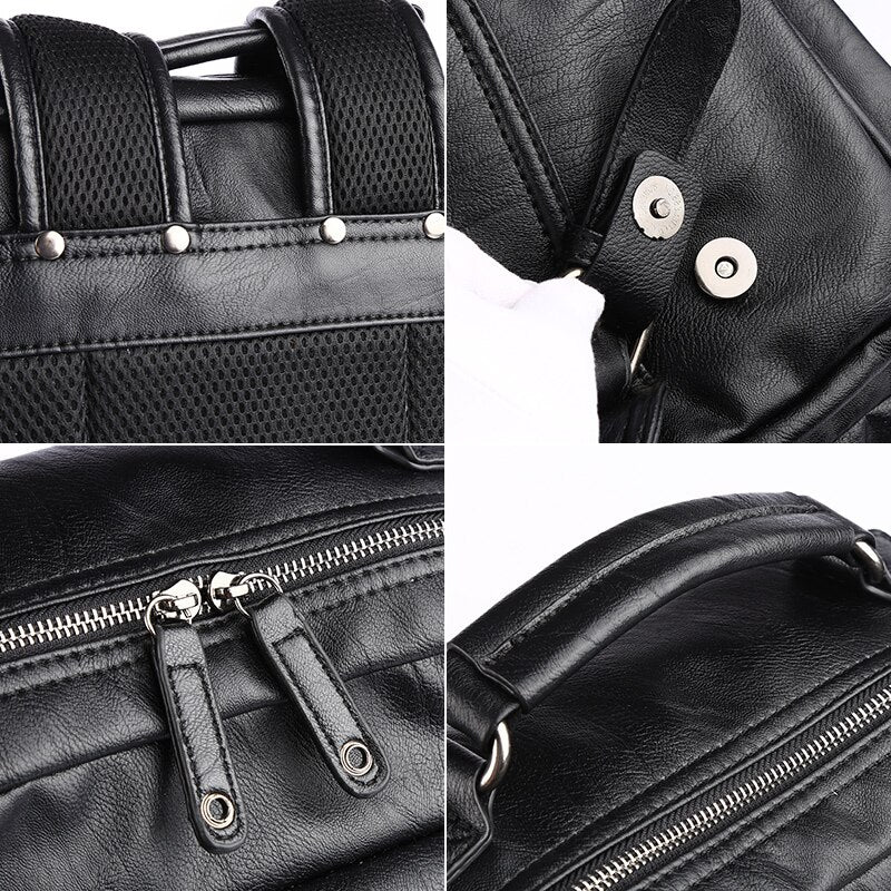 Gothslove Cool Black Backpacks For Men Waterproof PU Leather Laptop Backpack Minimalist book bag Travel school backpacks