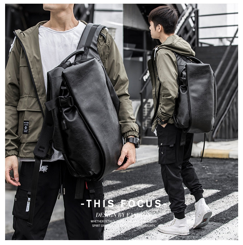 Gothslove Mens Black Leather Backpack USB Charge Travel Laptop Backpacks School Bag Male Waterproof Anti Theft Backpacks