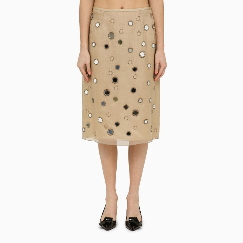 Prada Beige Silk Midi Skirt With Mirrors Women