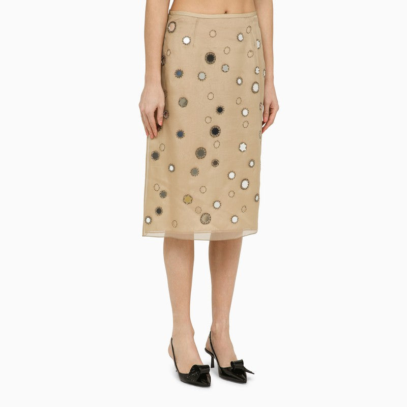 Prada Beige Silk Midi Skirt With Mirrors Women