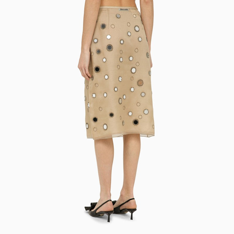 Prada Beige Silk Midi Skirt With Mirrors Women