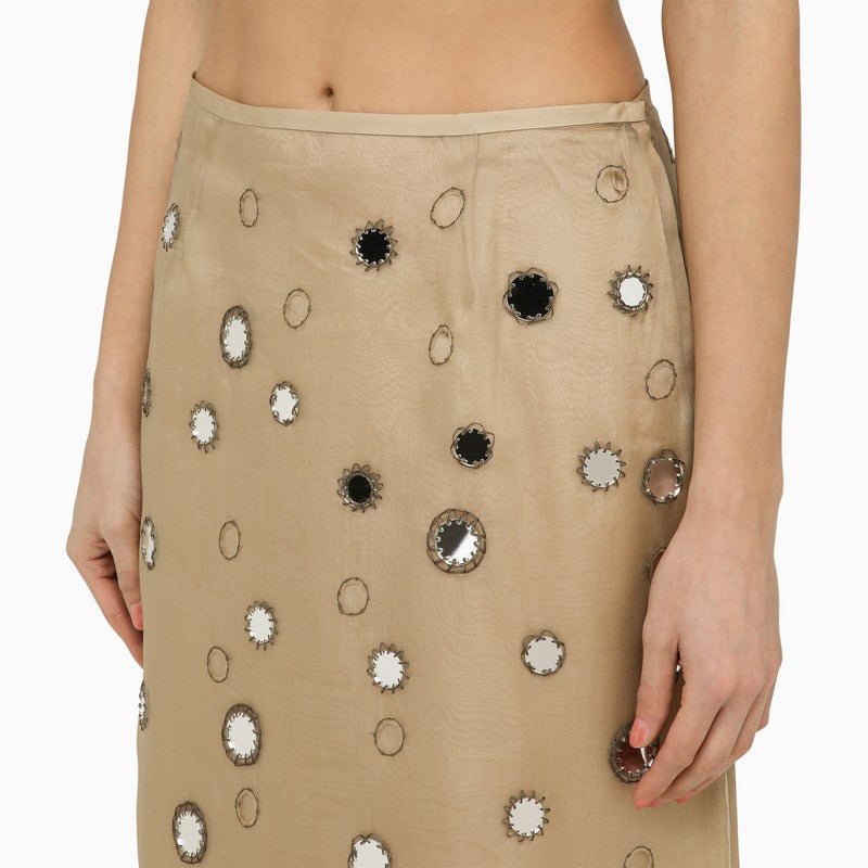 Prada Beige Silk Midi Skirt With Mirrors Women