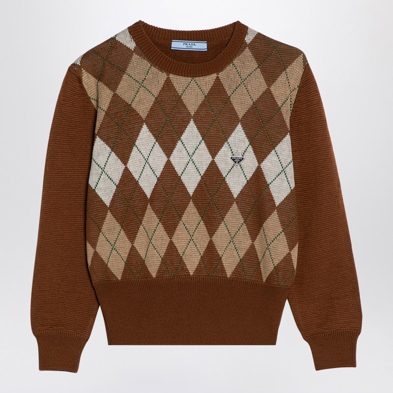 Prada Tobacco-Coloured Sweater With Argyle Pattern Women