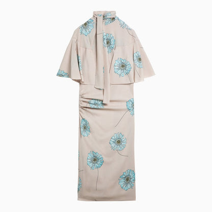 Prada Powder Pink Floral Print Dress With Scarf Collar Women