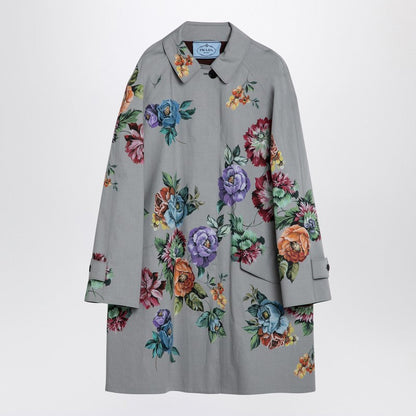 Prada Grey Single-Breasted Coat In Printed Cotton Women