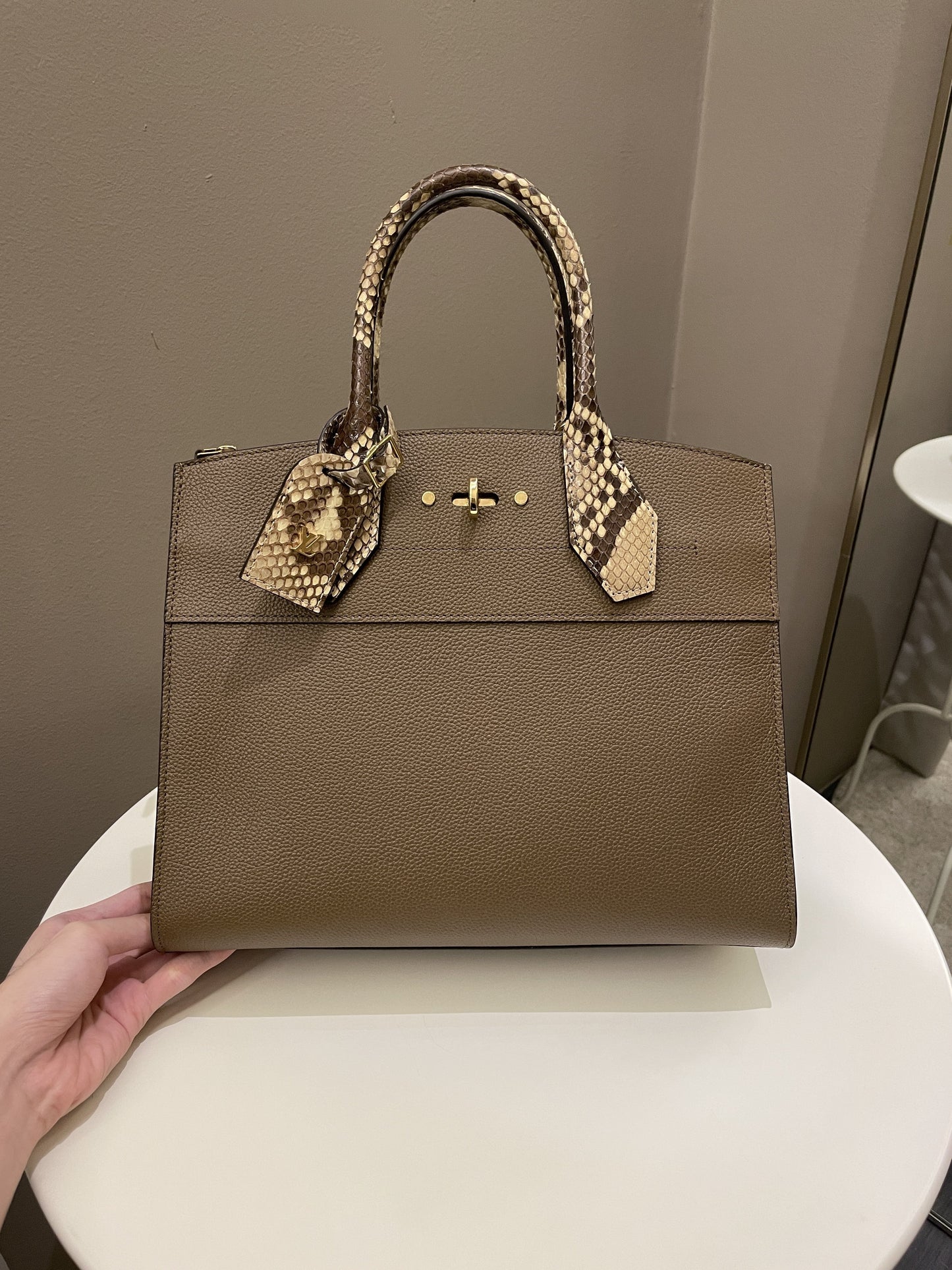 Louis Vuitton Exotic City Steamer MM Taupe Grainy Leather / Python