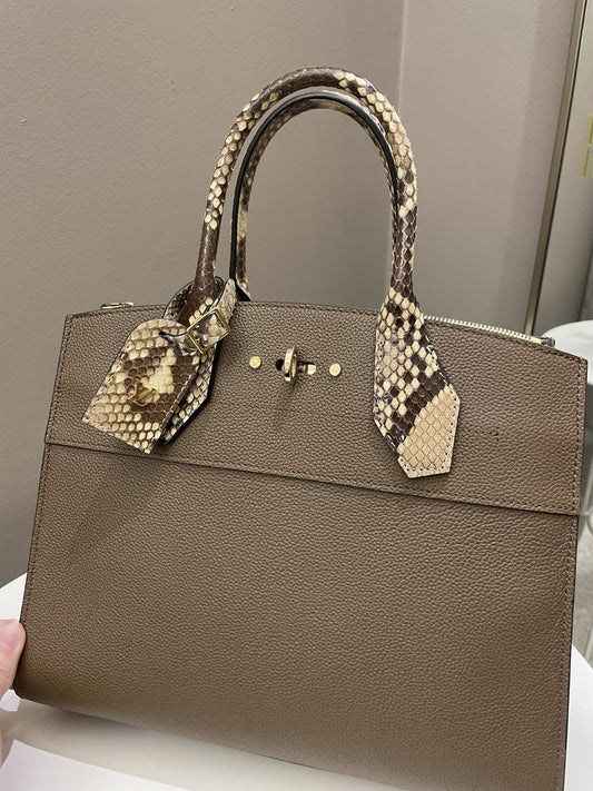 Louis Vuitton Exotic City Steamer MM Taupe Grainy Leather / Python