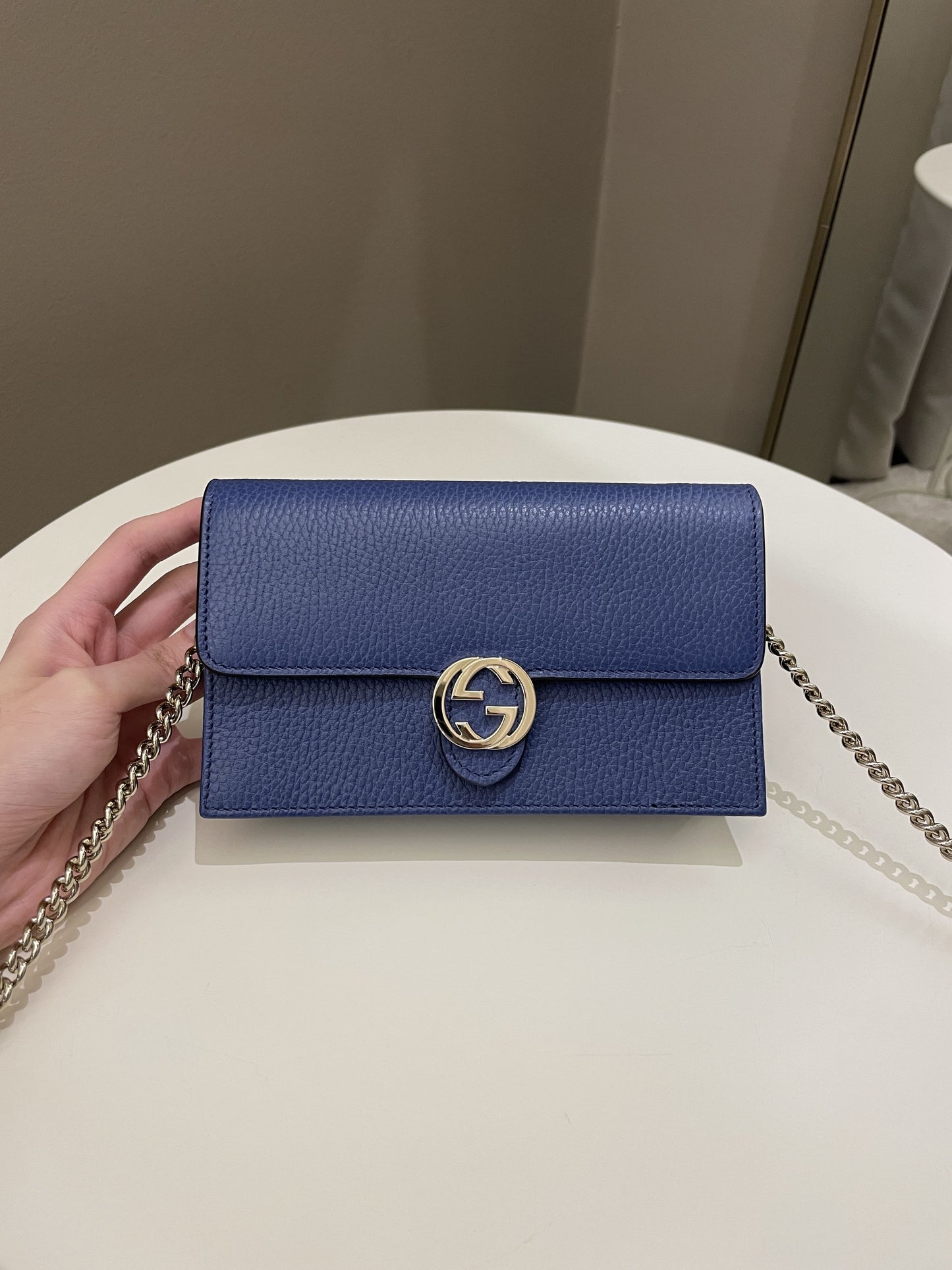 Gucci GG Crossbody Clutch on Chain Blue Grained Leather