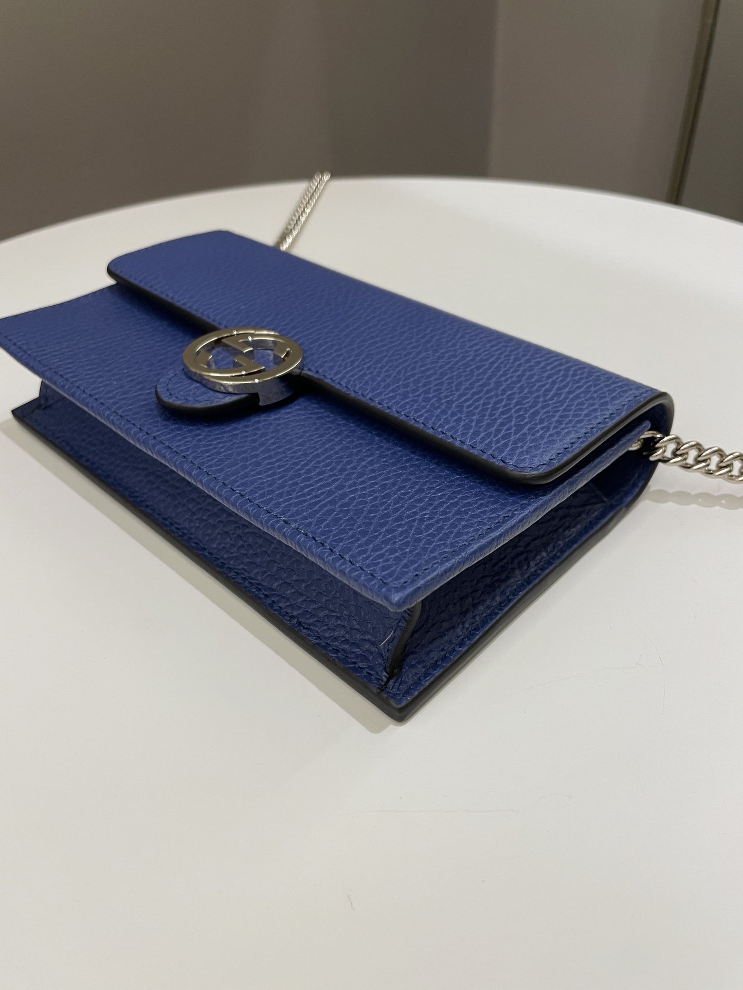 Gucci GG Crossbody Clutch on Chain Blue Grained Leather