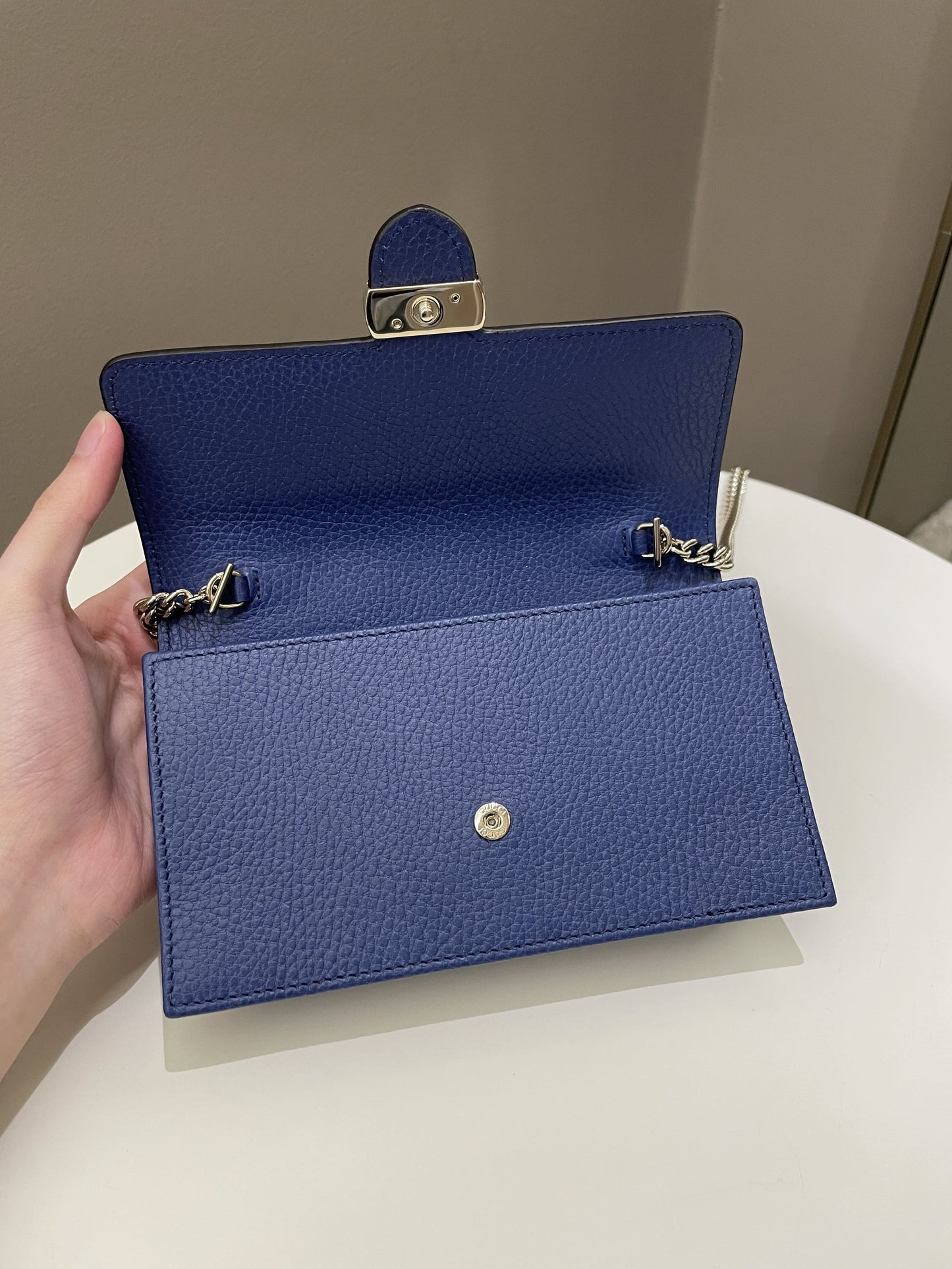 Gucci GG Crossbody Clutch on Chain Blue Grained Leather