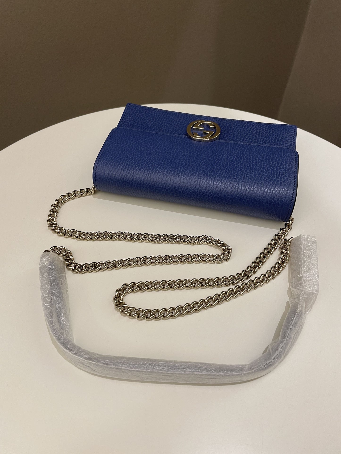 Gucci GG Crossbody Clutch on Chain Blue Grained Leather