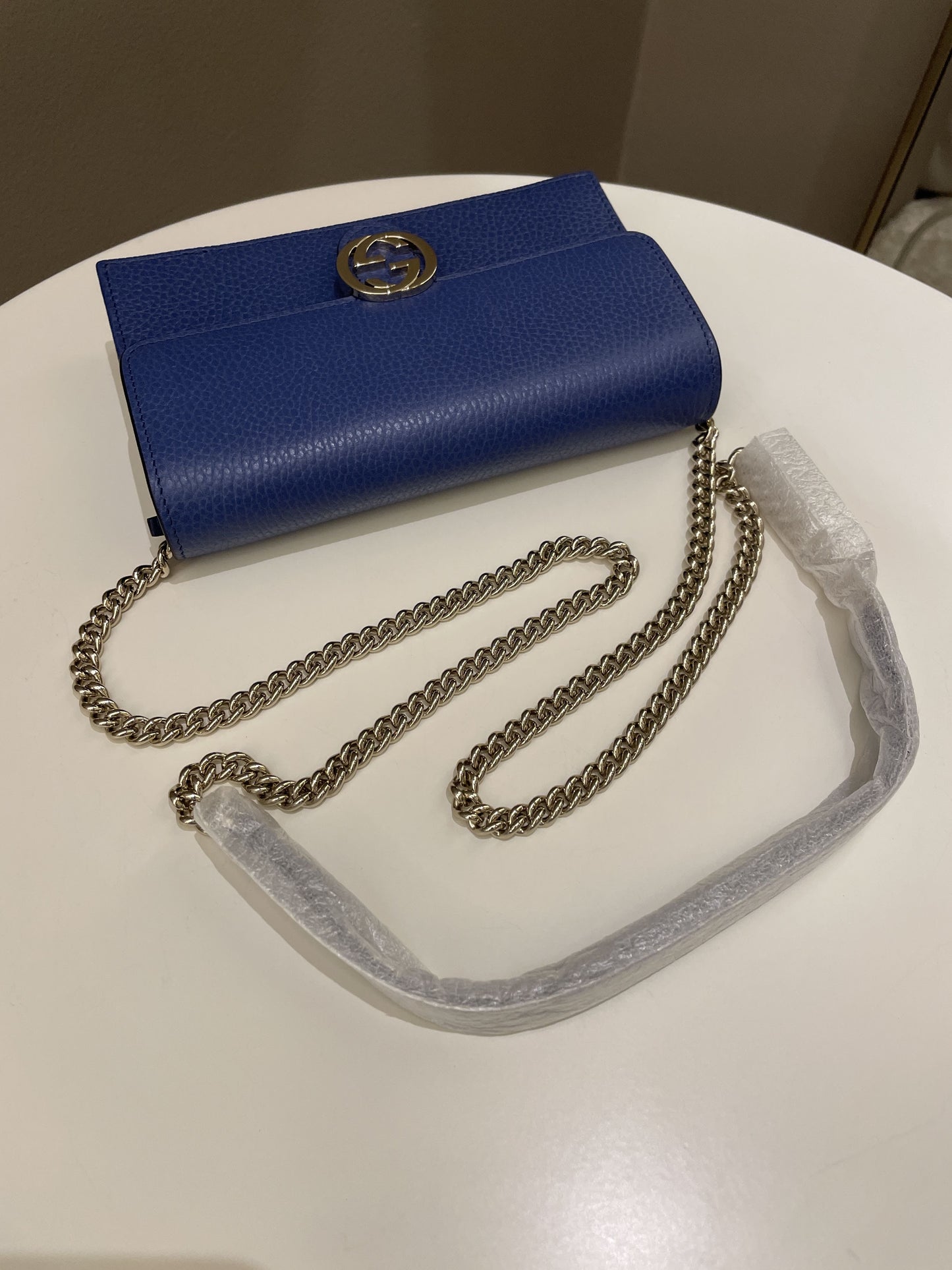 Gucci GG Crossbody Clutch on Chain Blue Grained Leather