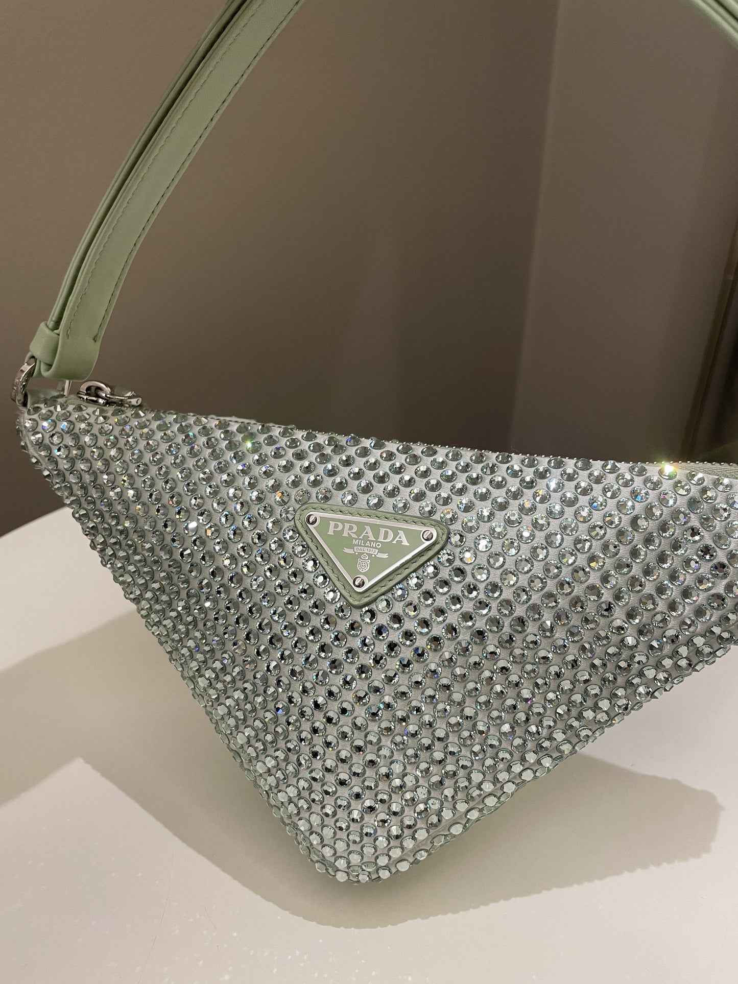 Prada Triangular Crystal Auqa Green