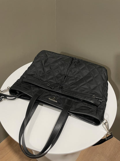 Prada Quilted Double Front Pocket Tote Black Nylon