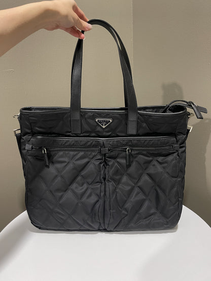 Prada Quilted Double Front Pocket Tote Black Nylon