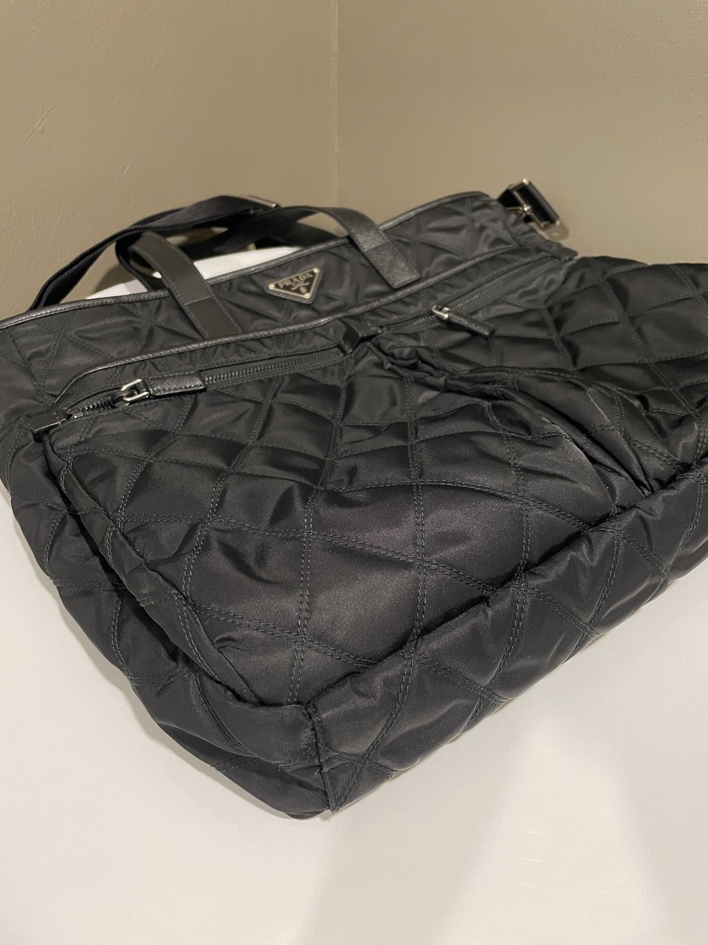 Prada Quilted Double Front Pocket Tote Black Nylon