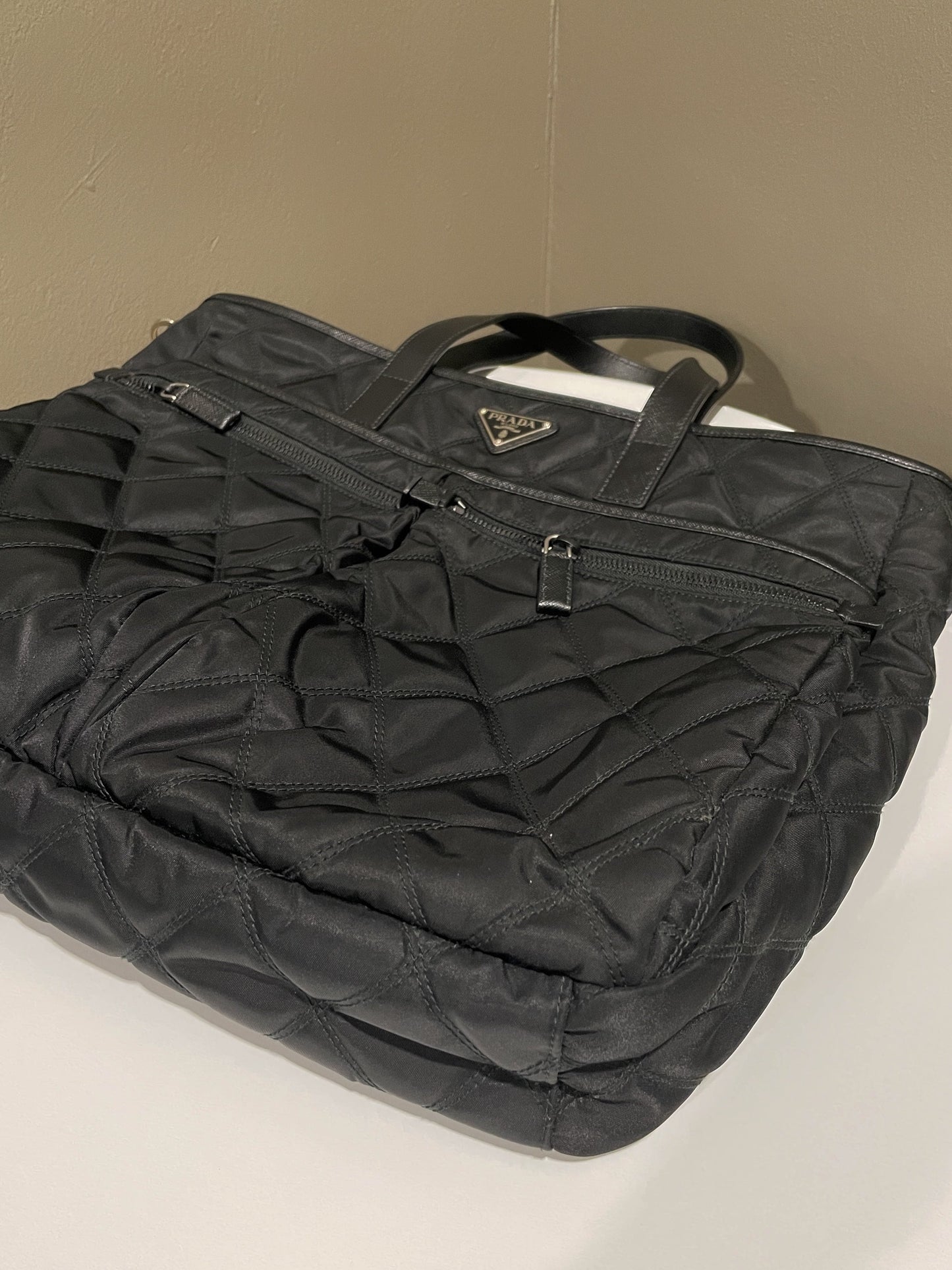 Prada Quilted Double Front Pocket Tote Black Nylon