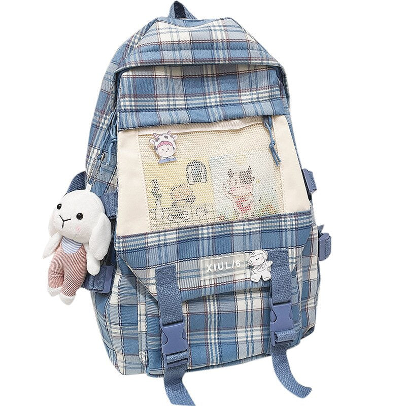 Plaid School Bags for Teenage Girls Cute Backpack Women Canvas Large Capacity Student Schoolbag