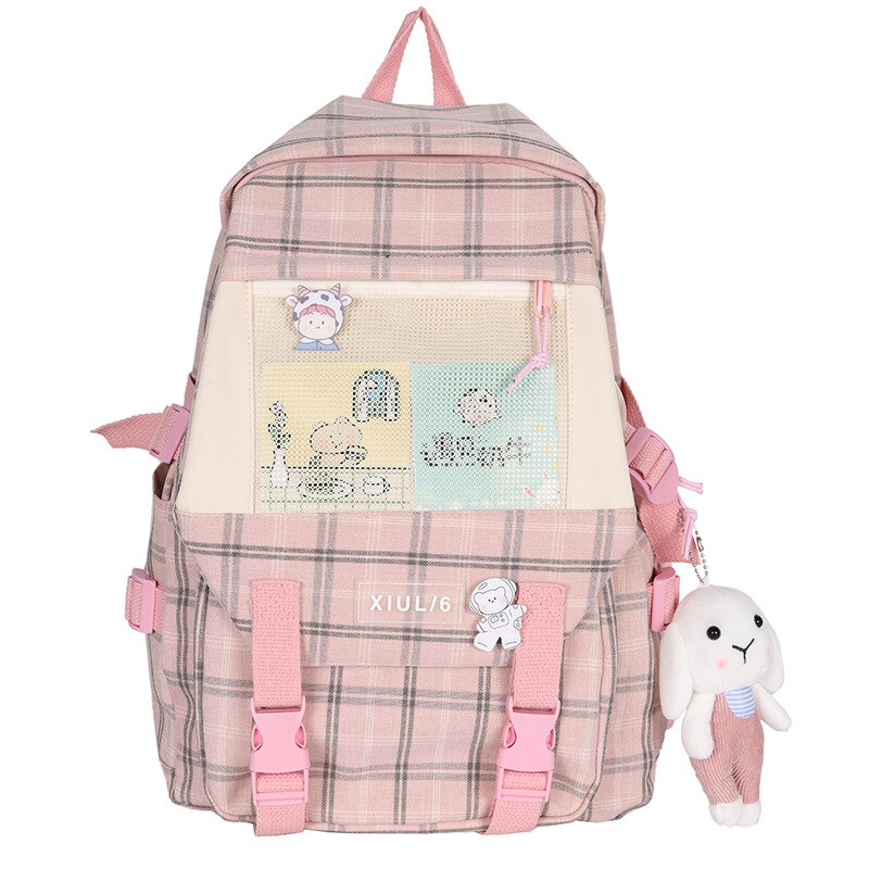 Plaid School Bags for Teenage Girls Cute Backpack Women Canvas Large Capacity Student Schoolbag