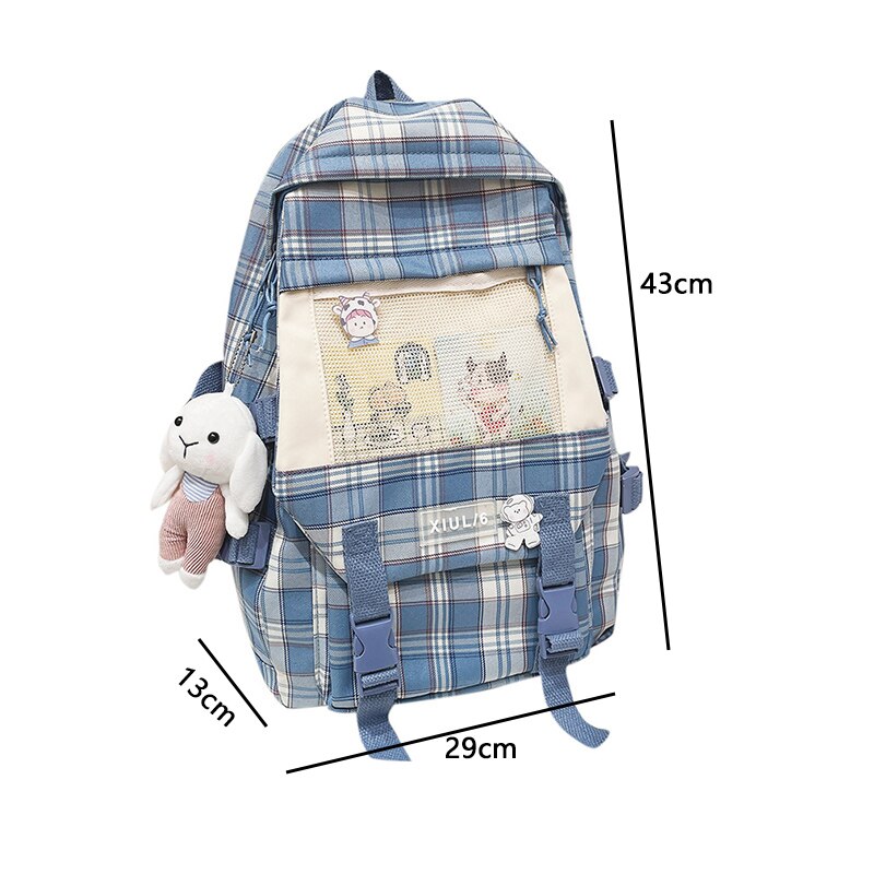 Plaid School Bags for Teenage Girls Cute Backpack Women Canvas Large Capacity Student Schoolbag