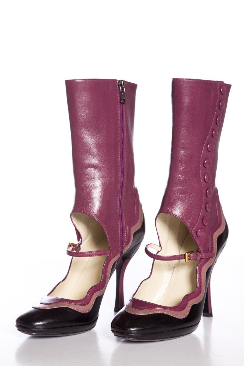 Prada Purple and Black Leather 'Fairy Collection' Mary Jane Boots SZ 37.5