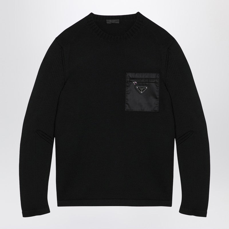 Prada Black Wool Sweater With Logo Pocket Men