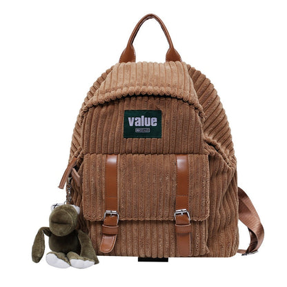 Women Corduroy Backpack Striped Soft Cloth Bags Leather Strap School Bookbag For College Girls Cute Small Travel Bagpack